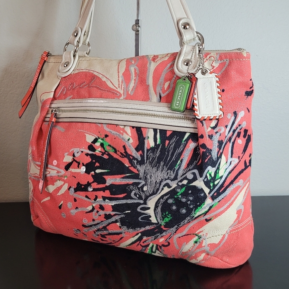 Coach Handbags - Coach Poppy Signature Coral Ivory Canvas Sequin Glam Shoulder Bag